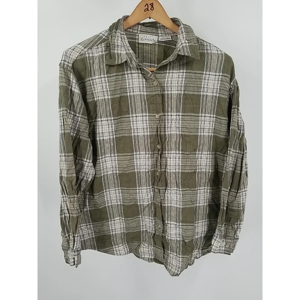 Basic Editions Womens Large Plaid Long Sleeve Button Up Shirt Green White